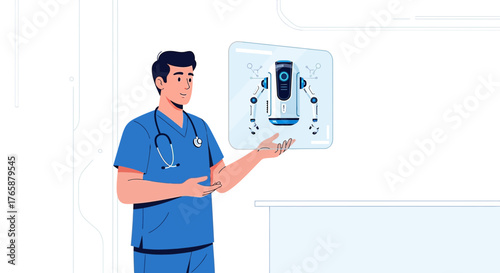 Illustration depicting a modern doctor presenting futuristic medical robotics on a screen for