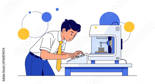Illustration depicting a man using a 3D printer for innovative design and product development