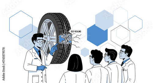 Illustration depicting a self-healing tire technology presentation by scientists in lab environment