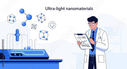 Illustration displaying scientific research on ultra-light nanomaterials with analysis and lab