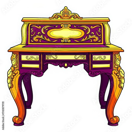 Antique ornate wooden writing desk with intricate gold detailing and carved legs on a white background