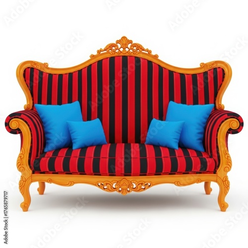 Ornate antique baroque style sofa with vibrant red and black striped upholstery and bright blue accent pillows