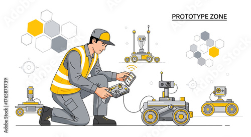 Illustrative depiction of an engineer controlling robotic devices in a prototype testing zone