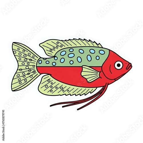 Colorful cartoon illustration of a red and green fish with blue spots and long fins on a white background