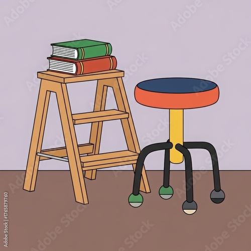 A wooden step stool with books stacked on top next to a colorful adjustable stool