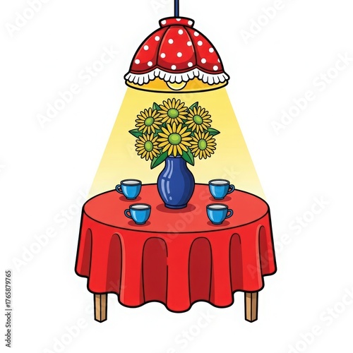 Cozy dining table set with a bouquet of sunflowers under a vintage red lamp