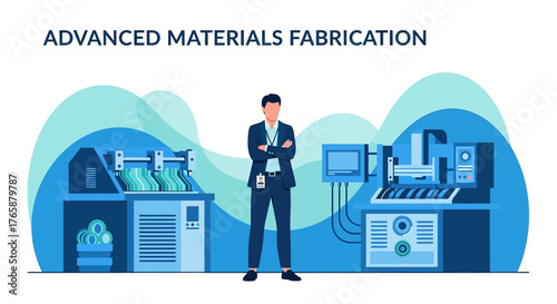 Illustrative representation of advanced materials fabrication with engineer overlooking machinery