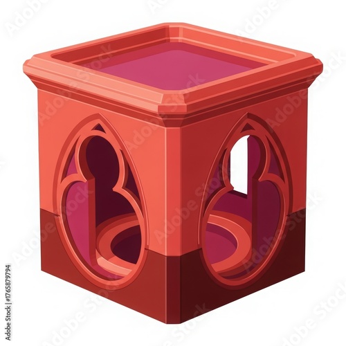 Stylized red cube with gothic architectural window cutouts and a pink top surface
