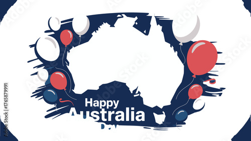 Happy Australia Day with Map Outline and Balloons in Red, White and Blue Colors