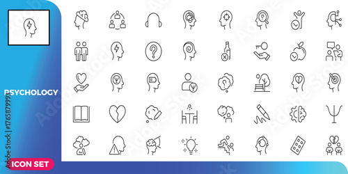 A comprehensive collection of thin line psychology icons, including symbols for mental health, therapy, brain activity, and emotional states, perfect for web and app design