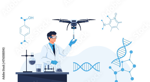 Innovation in scientific research showcasing a scientist using a drone in a laboratory setting