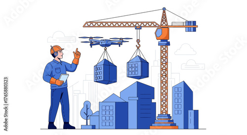 Innovative construction site featuring drone delivery and worker overseeing operations with modern