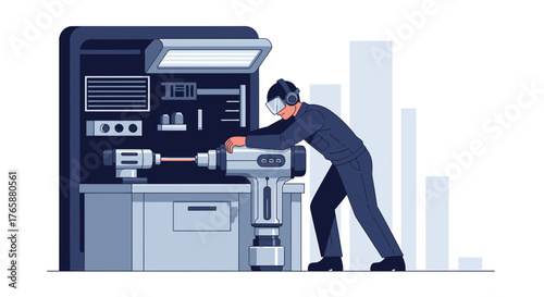 Innovative manufacturing process depicted with a technician operating advanced machinery using vr