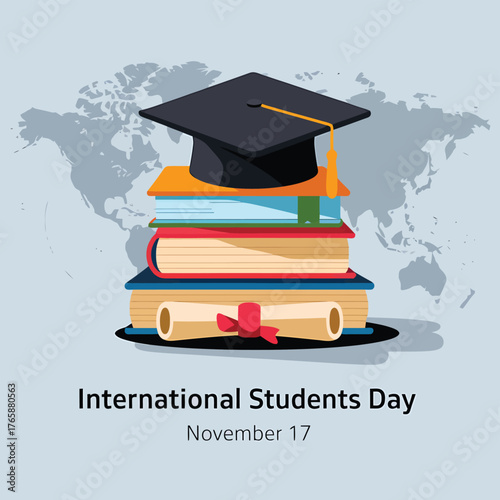 Vector art of international students day on november 17th features a mortarboard cap atop a pile of textbooks and a rolled diploma, representing worldwide academic pursuits