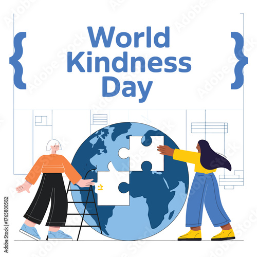Vector art of modern illustration for world kindness day showing diverse people assembling a puzzle globe, symbolizing global cooperation and unity