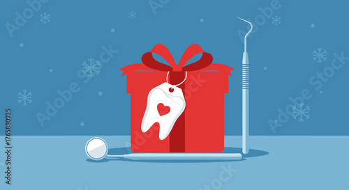 Festive illustration of a dental-themed gift box for dental clinics and holiday health promotions