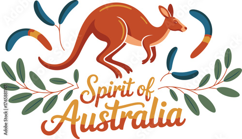 Spirit of Australia Featuring Kangaroo, Boomerangs, and Foliage in a Modern Design