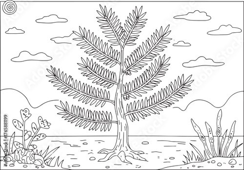 Delightful yew tree cartoon illustration: Serene outdoor scene f