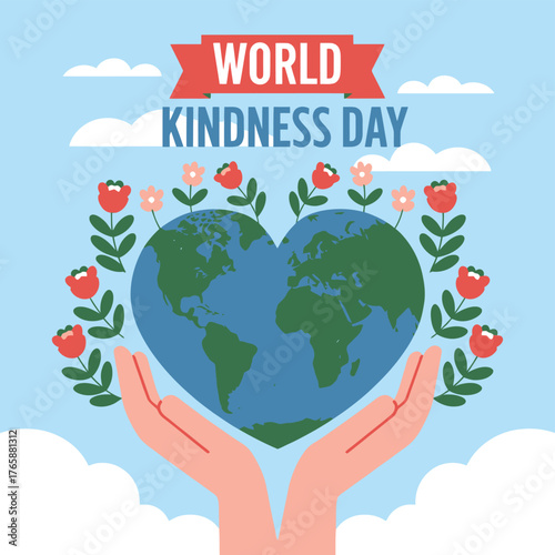 Vector art of hands holding a heartshaped earth with flowers and clouds, celebrating world kindness day with a message of global compassion and care