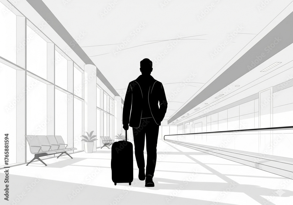 Fototapeta premium Vector silhouette of a businessman walking with luggage through an airport terminal for travel and business journey concept