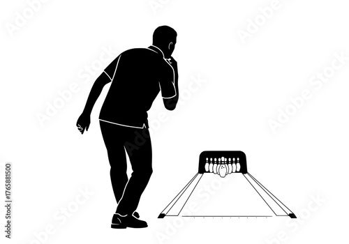 Vector silhouette of a bowler preparing to throw a ball at pins on a bowling alley lane during a game