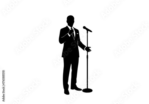 Vector silhouette of a businessman or presenter in a suit speaking into a microphone during a public event