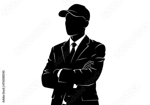Vector silhouette of a confident businessman wearing a suit tie and baseball cap with arms crossed on a clean white background