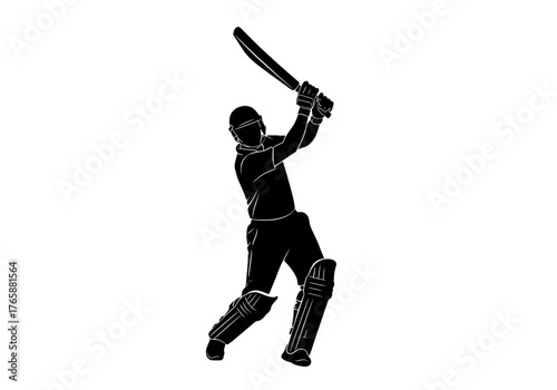 Vector silhouette of a cricket player in an aggressive batting stance ready to hit the ball for sports design.