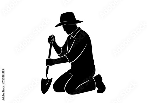 Vector silhouette of a gardener kneeling and digging with a shovel wearing a wide brim hat on a clean white background
