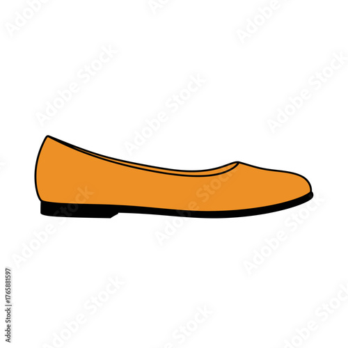 Orange ballet flat shoe with black sole on white background, a simple vector illustration.
