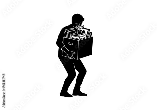 Vector silhouette of a person carrying a moving box filled with personal items and office supplies