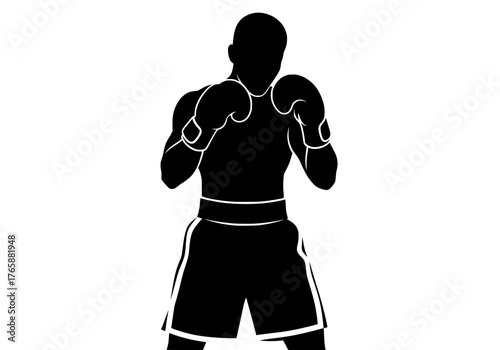 Vector silhouette of a powerful male boxer standing in a ready fighting stance with gloves and striped shorts
