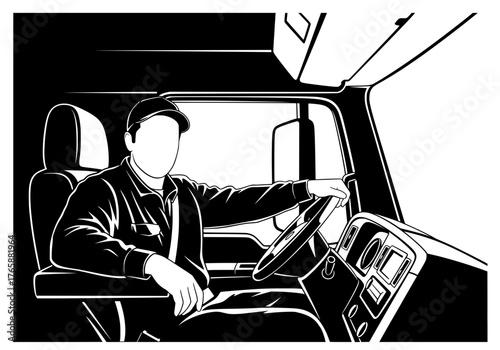 Vector silhouette of a professional truck driver sitting behind the steering wheel in a commercial vehicle