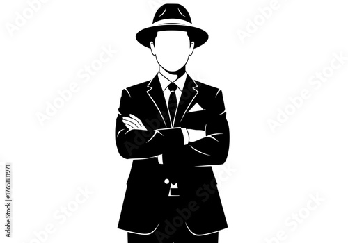 Vector silhouette of a sophisticated man in a fedora hat and suit with folded arms representing business identity