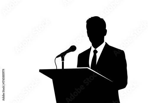 Vector silhouette of a speaker at a podium with microphone delivering a presentation speech at a conference event