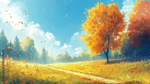 Vibrant autumn landscape with tree and dirt road in field