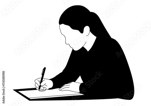 Vector silhouette of a student or professional person writing on paper at a desk concentrating on their work