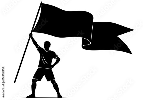Vector silhouette of a triumphant man holding a large waving flag against a clean white background representing victory