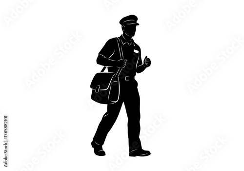 Walking mailman vector silhouette delivering postal mail with a satchel bag and uniform cap on white background