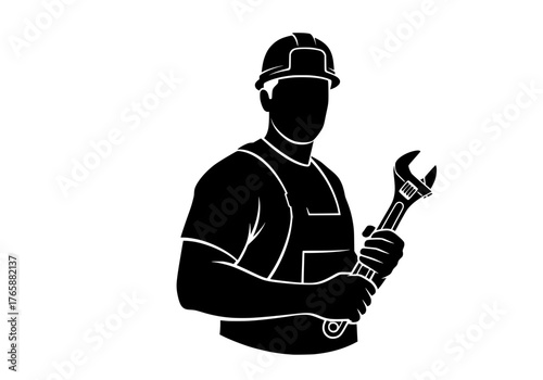Worker silhouette vector graphic of a handyman wearing a hard hat and holding a wrench for industrial services