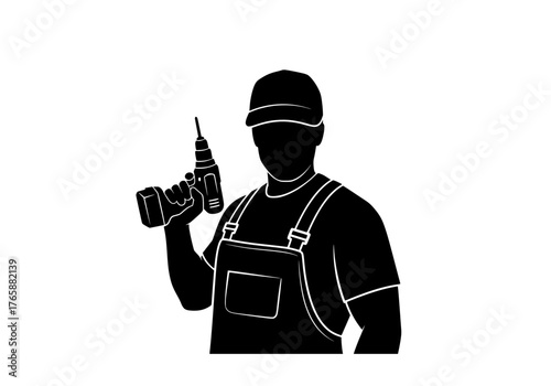 Worker silhouette holding power drill vector graphic on isolated background for construction and repair services