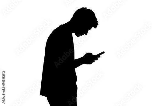 Young man engaged with mobile phone vector silhouette depicting digital communication and screen use isolated on white background