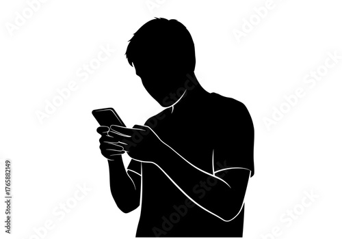 Young person looking down at smartphone vector silhouette isolated on white background digital communication