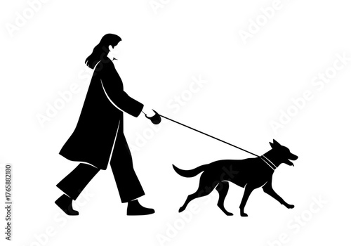 Woman walking dog vector silhouette graphic illustration portraying a person strolling with their pet on a leash