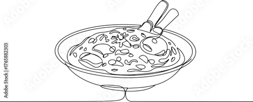 Minimalist line art illustration of Egyptian Molokhia dish in a