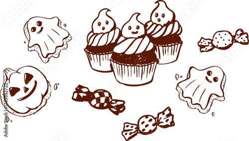 Hand drawn Halloween sweets illustration with cupcakes, candies, ghost cookies, and pumpkin. Festive food vector design in brown line art.