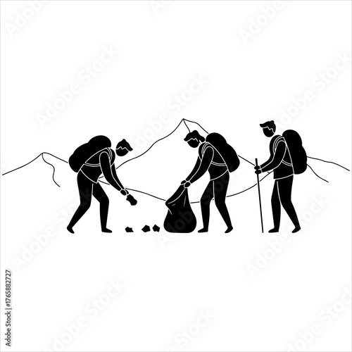 Vector art of hikers cleaning up trash in the mountains, environmental conservation and responsible tourism concept