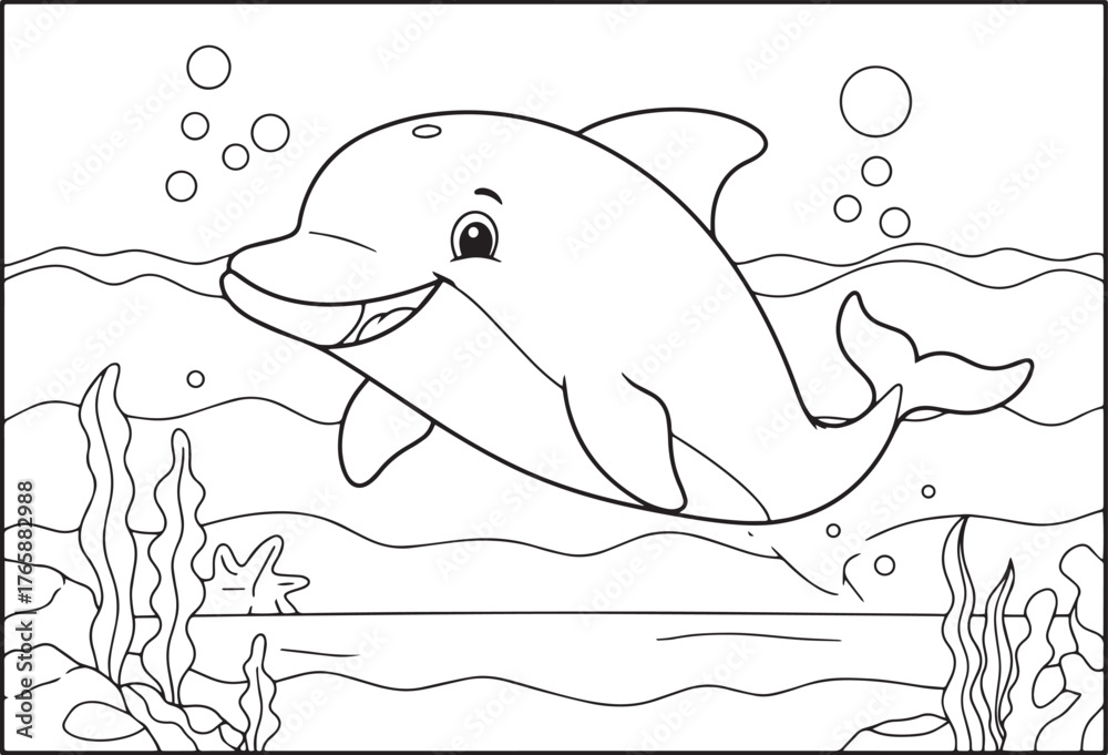 Obraz premium Line art illustration of a smiling dolphin swimming underwater w