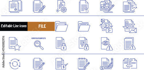Editable line icons representing various file management and document operations, perfect for digital interfaces