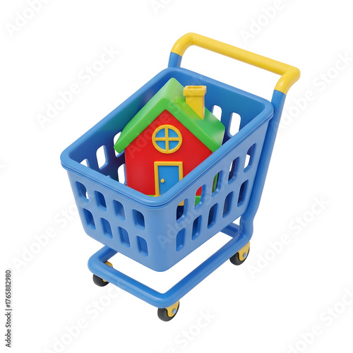 House Inside Blue Shopping Cart on Transparent Background